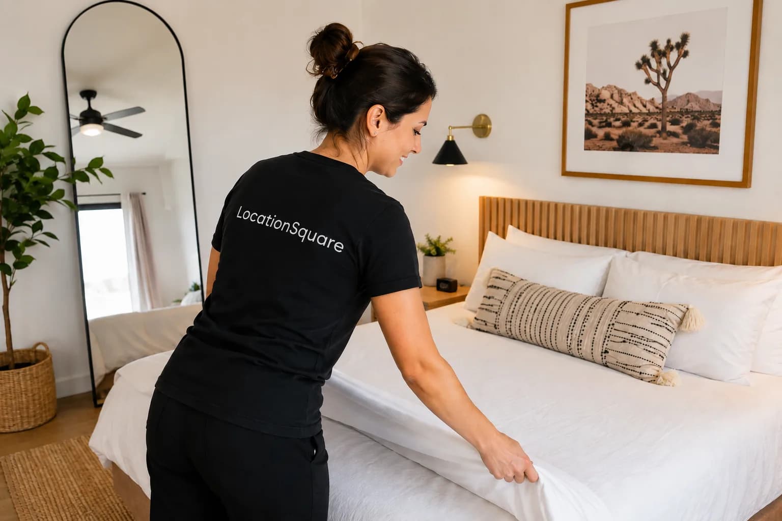 Vetted cleaner preparing a rental bedroom for new tenants