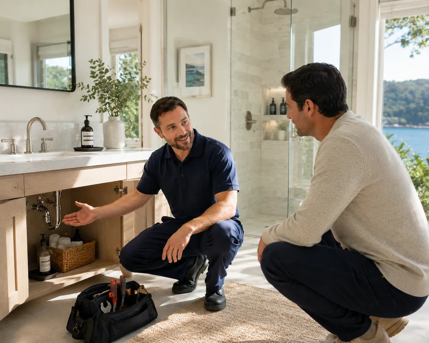 Plumber explaining repair work to a property owner